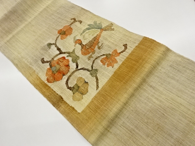 JAPANESE KIMONO / NAGOYA OBI / SILK / HAND WOVEN TSUMUGI / BIRDS & FLORAL ARABESQUE